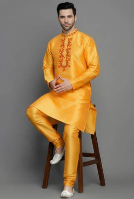 Orangish yellow embroidered dupion art silk kurta set 3
