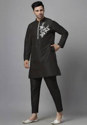 Black embroidered dupion art silk kurta set 1