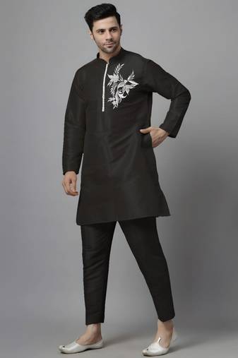 Black embroidered dupion art silk kurta set