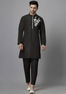 Black embroidered dupion art silk kurta set 2