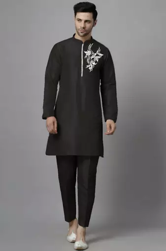 Black embroidered dupion art silk kurta set
