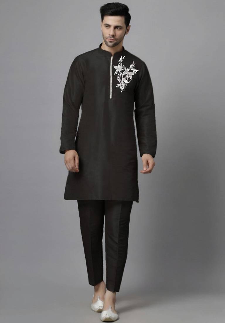 Black embroidered dupion art silk kurta set