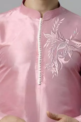 Pink embroidered dupion art silk kurta set