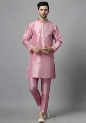 Pink embroidered dupion art silk kurta set 1