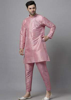 Pink embroidered dupion art silk kurta set 3