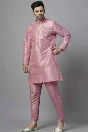 Pink embroidered dupion art silk kurta set