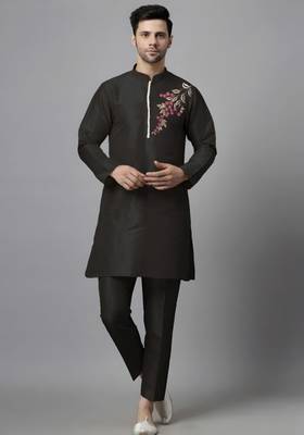 Black embroidered dupion art silk kurta set 1