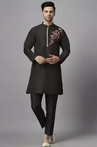 Black embroidered dupion art silk kurta set