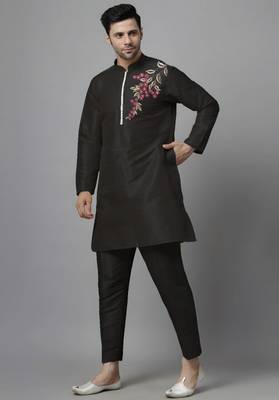 Black embroidered dupion art silk kurta set 2