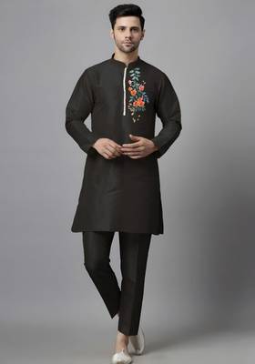 Black embroidered dupion art silk kurta set 1