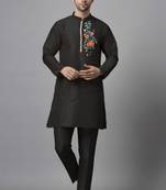 Black embroidered dupion art silk kurta set