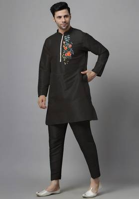 Black embroidered dupion art silk kurta set 2