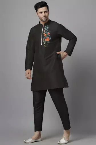 Black embroidered dupion art silk kurta set