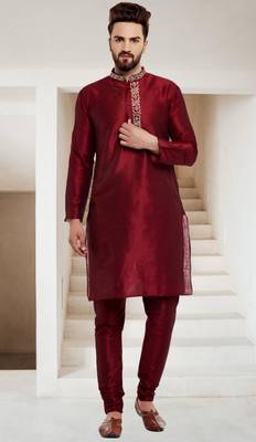 Maroon embroidered dupion art silk kurta set 1