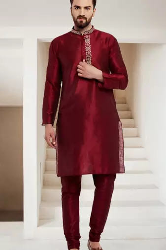 Maroon embroidered dupion art silk kurta set