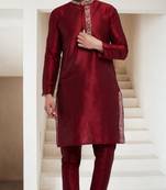 Maroon embroidered dupion art silk kurta set