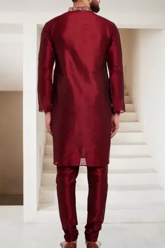 Maroon embroidered dupion art silk kurta set