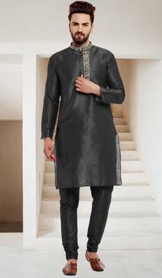Black embroidered dupion art silk kurta set 1