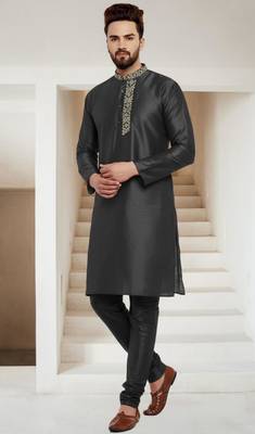 Black embroidered dupion art silk kurta set 2