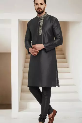 Black embroidered dupion art silk kurta set