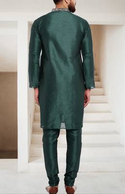 Bottle green embroidered dupion art silk kurta set 2