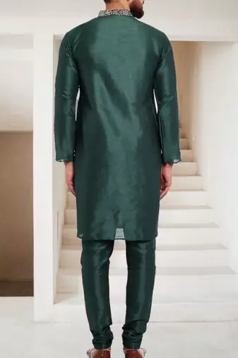 Bottle green embroidered dupion art silk kurta set
