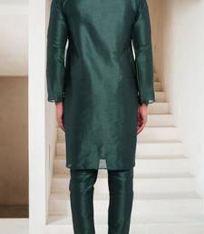 Bottle green embroidered dupion art silk kurta set