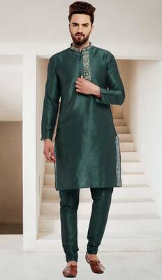 Bottle green embroidered dupion art silk kurta set 1
