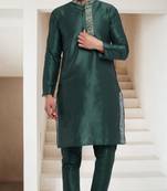 Bottle green embroidered dupion art silk kurta set