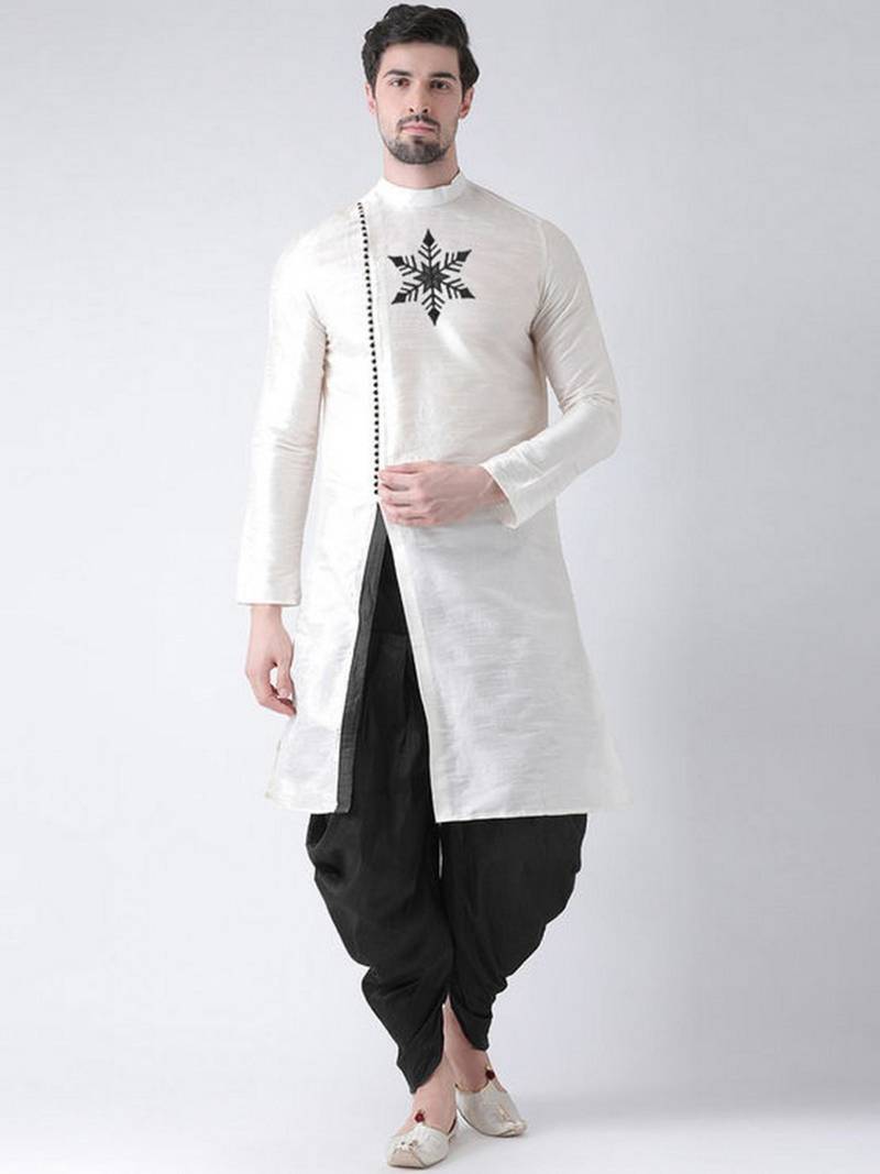 White embroidered dupion art silk kurta set