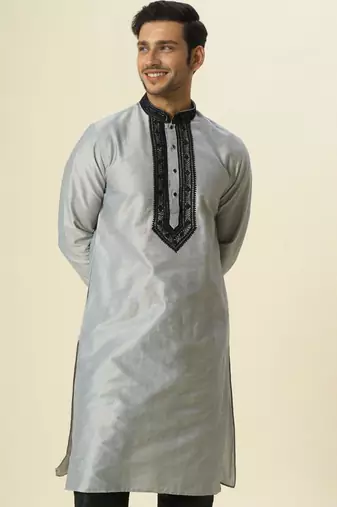 Grey embroidered dupion art silk kurta set