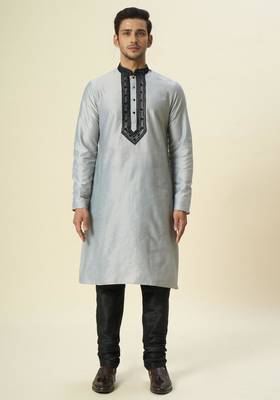 Grey embroidered dupion art silk kurta set 2