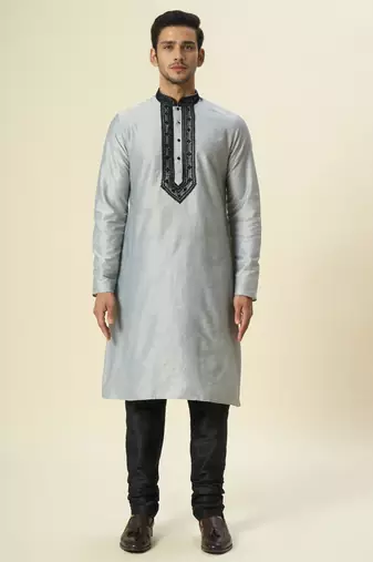 Grey embroidered dupion art silk kurta set