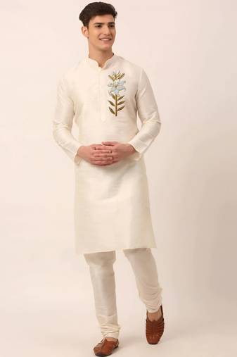 Cream embroidered dupion art silk kurta set