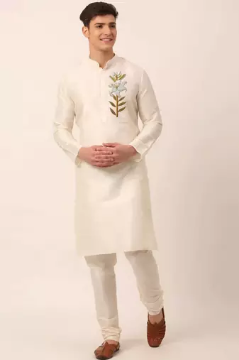 Cream embroidered dupion art silk kurta set