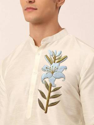 Cream embroidered dupion art silk kurta set 2