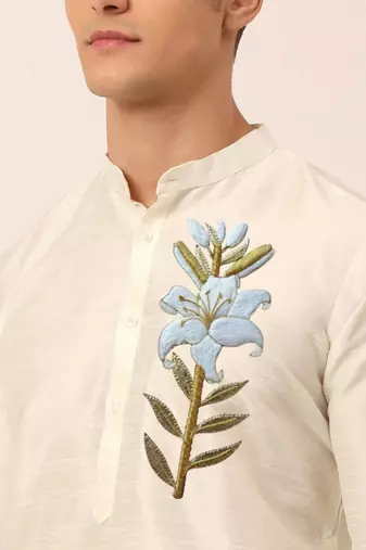 Cream embroidered dupion art silk kurta set