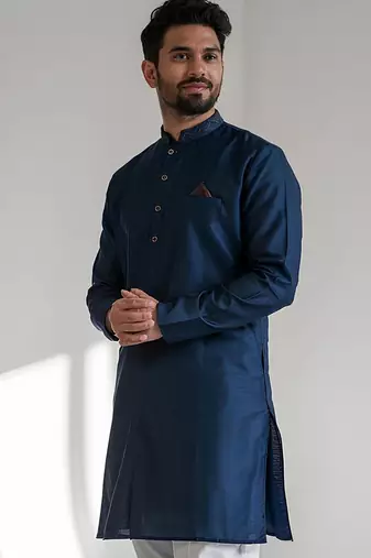 Navy embroidered dupion art silk kurta set