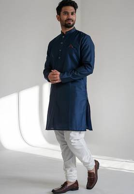Navy embroidered dupion art silk kurta set 2