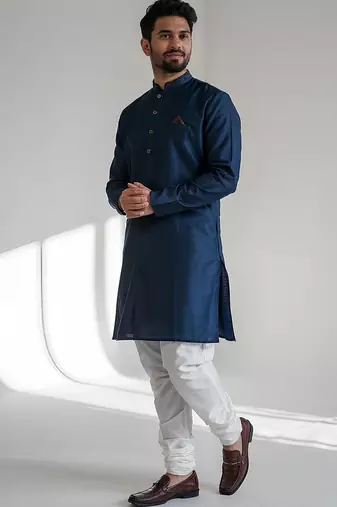 Navy embroidered dupion art silk kurta set