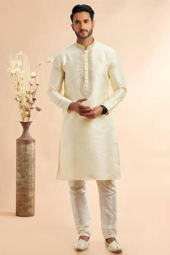 Cream embroidered dupion art silk kurta set