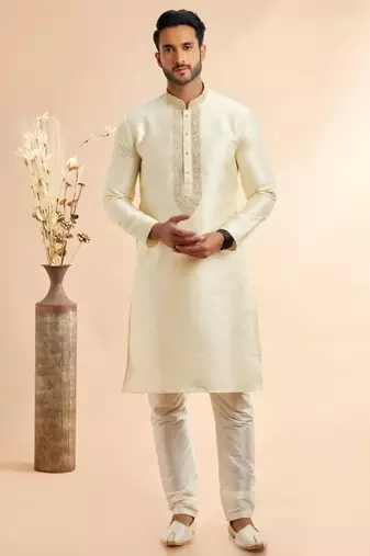 Cream embroidered dupion art silk kurta set