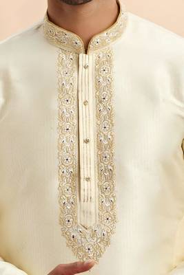 Cream embroidered dupion art silk kurta set 2