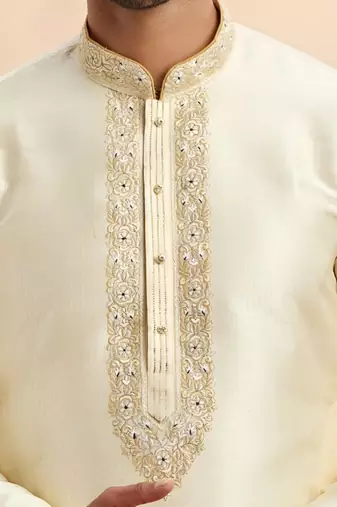 Cream embroidered dupion art silk kurta set