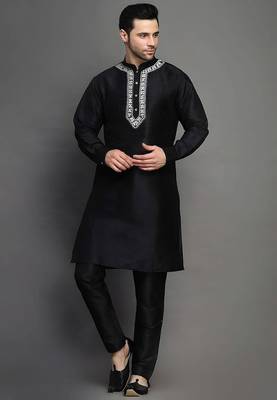 Black embroidered dupion art silk kurta set 1