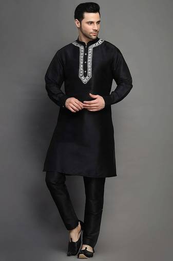 Black embroidered dupion art silk kurta set