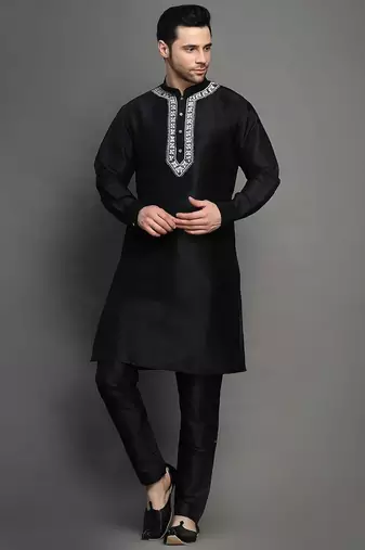 Black embroidered dupion art silk kurta set