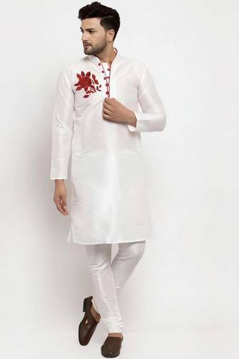 White embroidered dupion art silk kurta set
