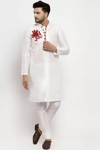 White embroidered dupion art silk kurta set