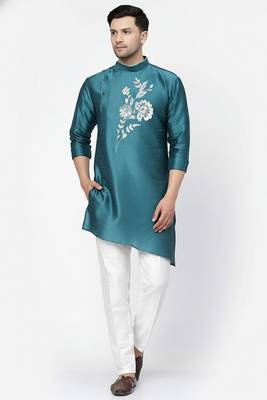 Sea green embroidered dupion art silk kurta set 1